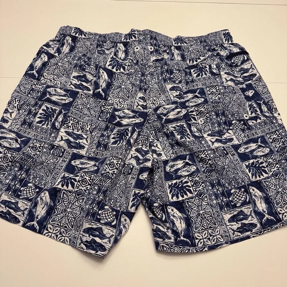 Lands’ End Mens ‎ 9” Volley Swim Trunks Shorts Navy Fish Block Print Sz XL